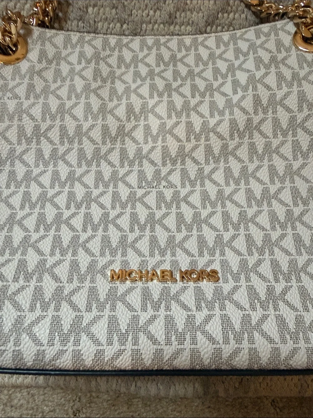 Michael Kors White MK Signature Shoulder Bag with Gold Chain